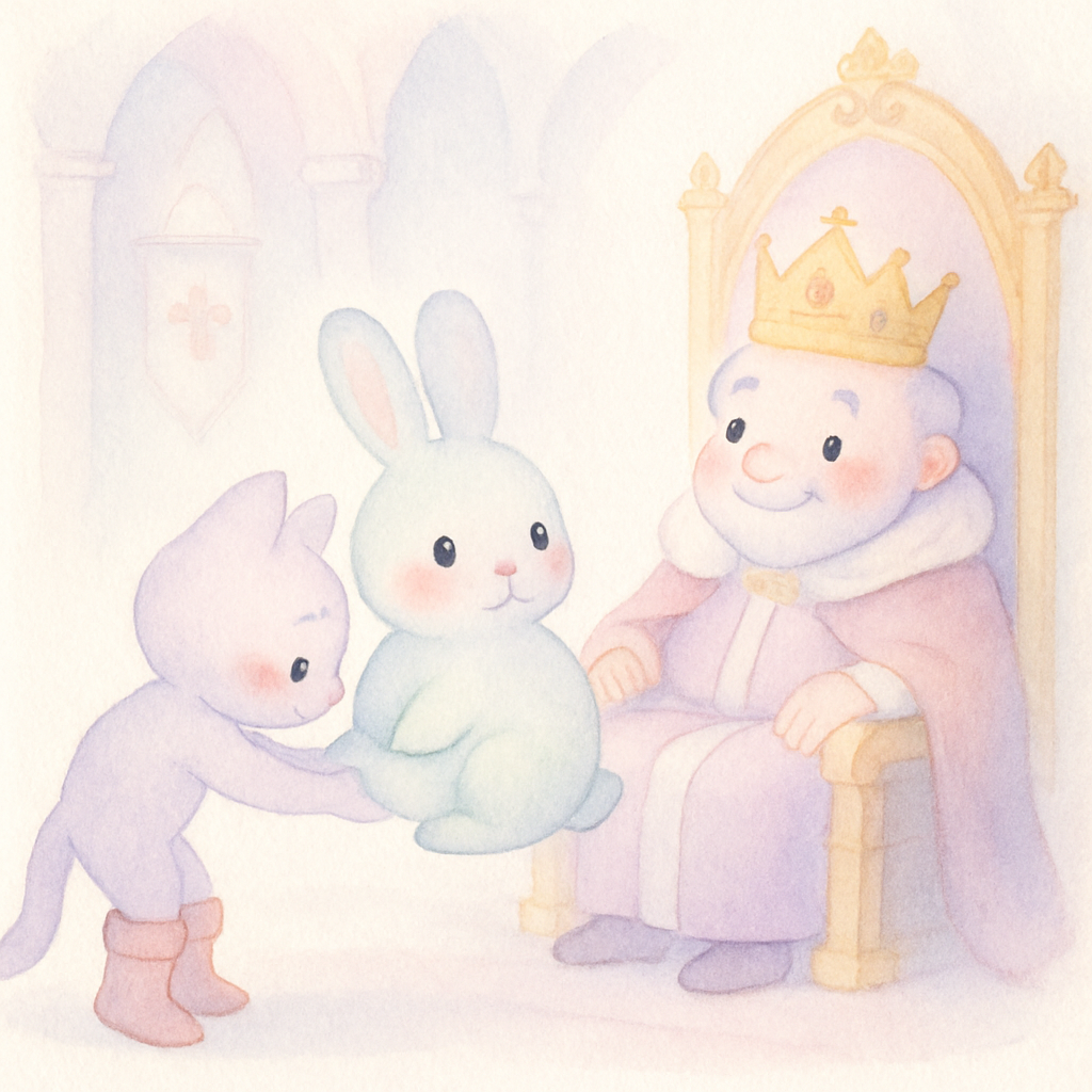 장화 신은 고양이가 큰 토끼를 잡아 왕에게 선물하는 장면